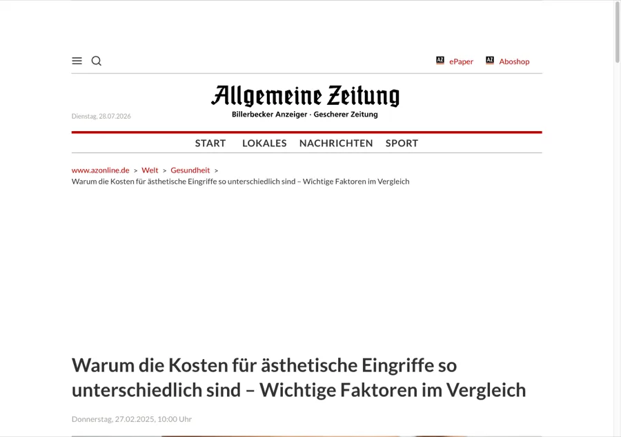 Artikel in der Allgemeinen Zeitung zu Kosten ästhetischer Eingriffe