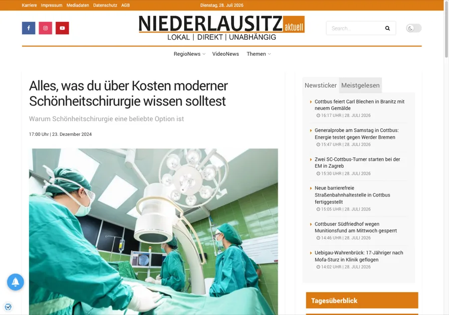 Artikel auf Niederlausitz aktuell zu Kosten moderner Schönheitschirurgie